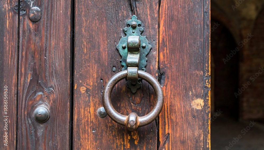 Fototapeta premium A weathered, antique door knocker adorns a dark, wooden door, showcasing the aged craftsmanship and rich tones of time.
