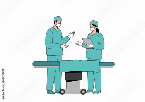 Medical professionals discussing patient with operating table