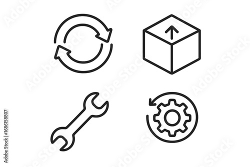 Circular economy outline icon set. Vector concepts of loop arrows, take-back box, repair wrench, refurbish gear. Sustainable consumption and production. Eco friendly.