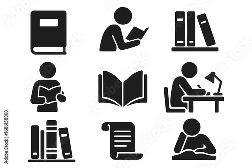Library reading silhouette icon set. Books, study, literature, education collection. Student learning, bookshelf, knowledge symbol, writer pictogram. University research vector.