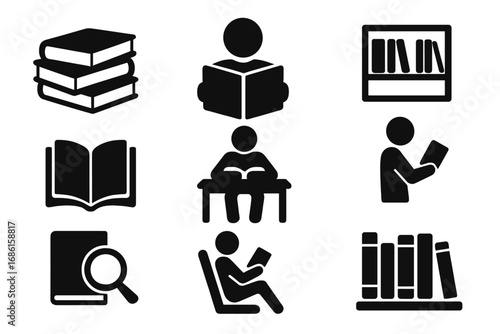 Library reading silhouette icon set. Books, study, and literature symbols. Education and learning concept collection. Reader, student, bookshelf, and knowledge vector icons.