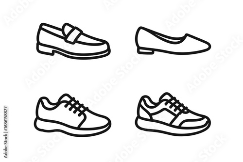 Shoe styles icon set including loafers, flats, sneakers in outline vector cartoon illustration with transparent background, ordered collection of casual and fashion footwear designs