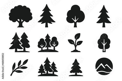 Nature tree silhouette icon set, forest environment vector collection, detailed cartoon style, black tree shapes, group of tree and leaf icons, transparent background graphics
