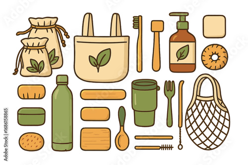 Sustainable lifestyle items arranged neatly showcasing eco-friendly daily use products with reusable bags, bamboo utensils, natural skincare, and zero waste essentials, vector cartoon illustration