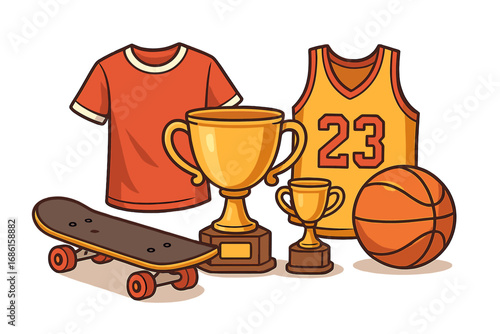 Skateboarding and basketball sports equipment with trophies and apparel on neutral background, vector cartoon illustration, skateboards, basketball jerseys, trophies