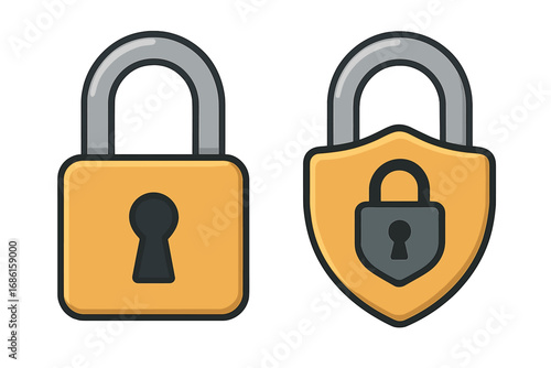 Two differently styled padlocks representing security and protection concepts, minimalistic vector cartoon illustration, secure design locks set with transparent background