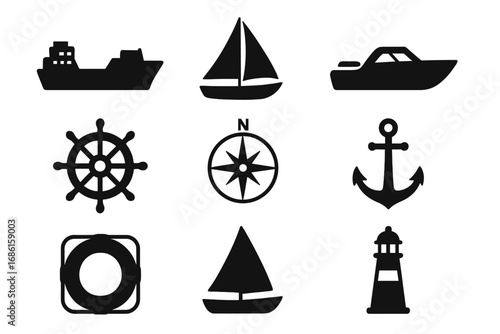 Nautical and Marine Silhouette Icon Set Including Ship, Sailboat, Motorboat, Helm, Compass, Anchor, Lifebuoy, Sail, Lighthouse Vector Cartoon Illustration with Transparent Background