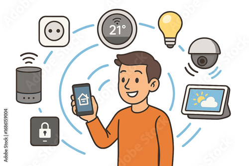 Smart home devices enhancing daily life with connected technology for convenience, energy efficiency, and security in a colorful vector cartoon illustration