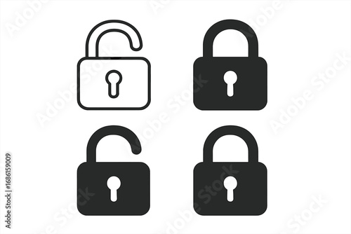 Lock and unlock icon set with padlock outline and filled solid symbols, vector cartoon illustration, transparent background, security and privacy icon collection, digital safety symbols