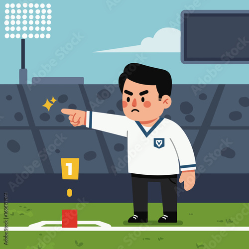 A referee signals a decision on a sports field with a serious expression.