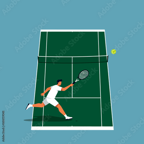 A tennis player lunges to hit a ball on a green court.