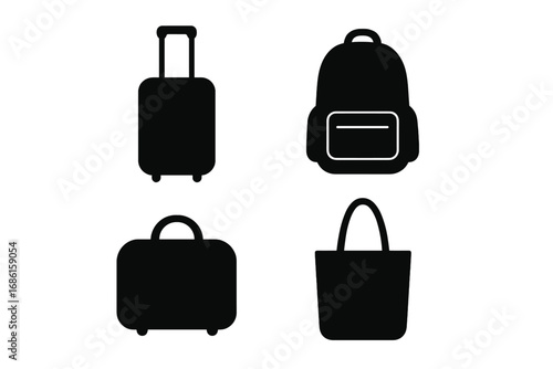 Travel luggage and bag silhouette icon set, including suitcase, backpack, briefcase, and tote bag, vector cartoon illustration with transparent background, ordered collection of essential travel bags