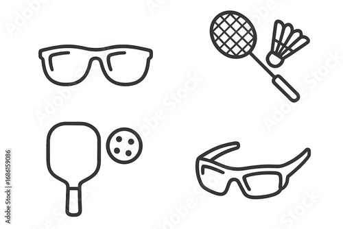 Eyewear and sports equipment outline icon set. Vector graphic collection of sunglasses, sports glasses, badminton racket with shuttlecock and pickleball paddle with ball.
