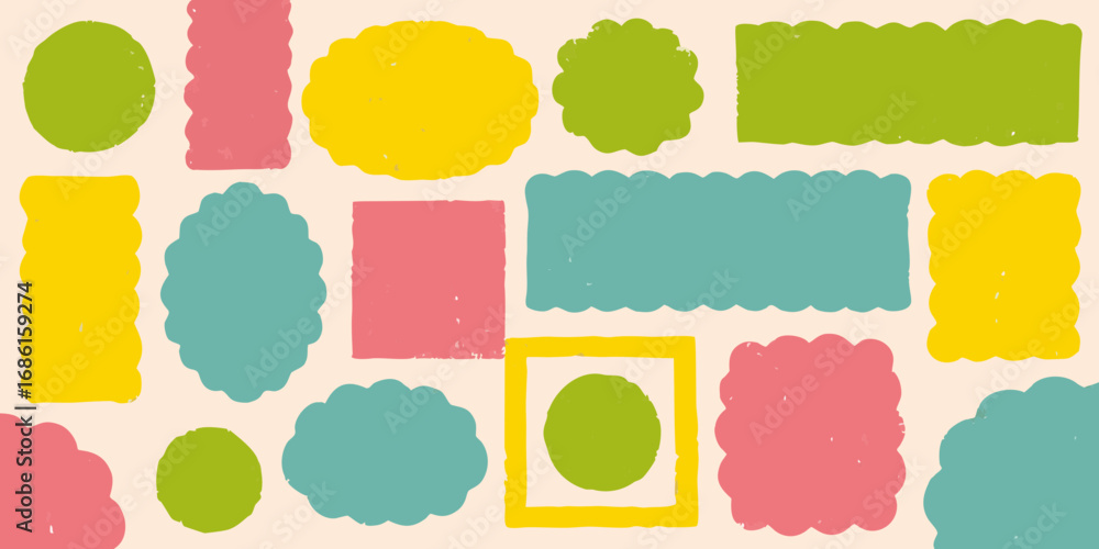 Fototapeta premium Colorful hand drawn shapes and frames in pastel colors on a light background