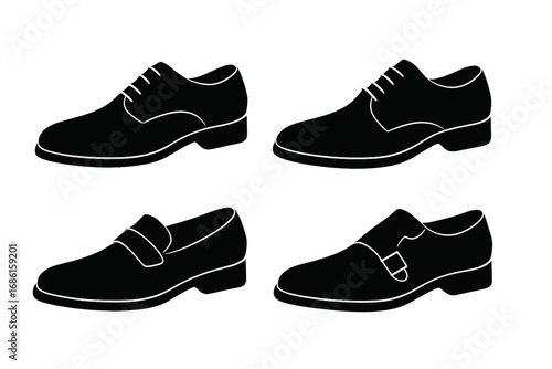 Elegant collection of men's formal dress shoe silhouettes. Classic footwear set includes oxford, loafer, and monk strap styles. Vector icon illustration for business fashion.