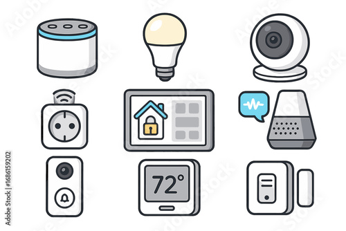 Smart Home Devices and Modern Technology Grid Display with Voice Assistants, Security Cameras, Smart Lights, Thermostats, and Automation Icons, Vector Cartoon Illustration Transparent Background
