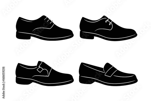 Set of classic men's formal shoes. Black silhouette collection of business footwear. Vector icons of elegant derby, oxford, and loafer shoes. Fashion illustration isolated.