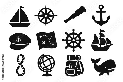 Nautical and Marine Adventure Silhouette Icon Set, Exploration and Travel Vector Collection, Cartoon Style Maritime Symbols with Transparent Background, Ordered Set 1