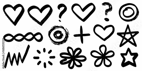 Collection of hand drawn black ink symbols and icons on a white background including hearts question marks stars and more