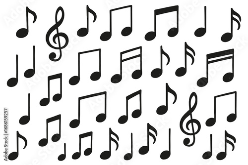 Hand-drawn music notes background, sound symbols, musical notes vector, cartoon style illustration, transparent background, artistic melody design pattern