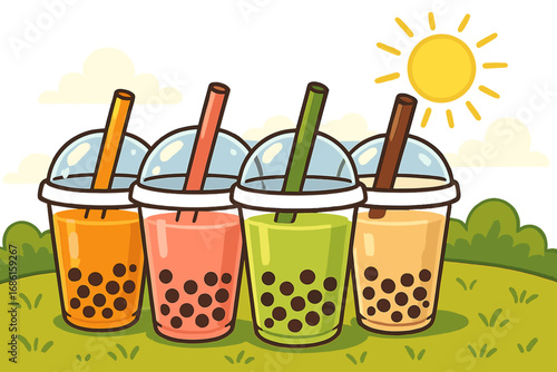 Refreshing Bubble Tea Drinks with Tapioca Pearls in Clear Cups on a Sunny Day, Vibrant Vector Cartoon Illustration, Colorful Summer Beverage Set, Transparent Background