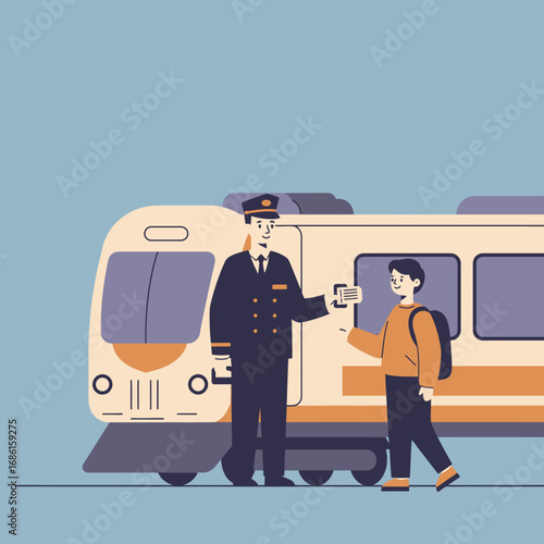 A train conductor interacts with a child passenger at a train station.