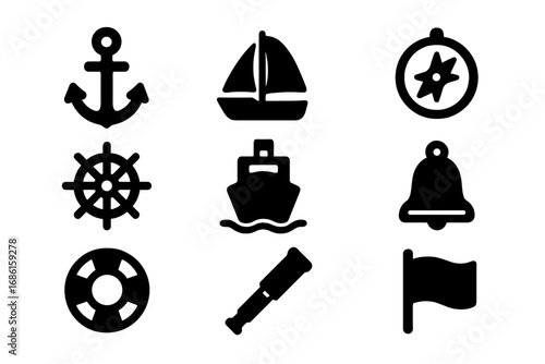 Nautical and Maritime Icon Set with Anchor, Ship, Navigation, Compass, Lifebuoy, Telescope, Bell, and Flag - Solid Vector Cartoon Illustration, Transparent Background, Ordered Set