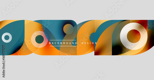 Abstract colorful shapes overlap, creating dynamic modern background. Orange, blue, teal hues dominate design. Simple text included.