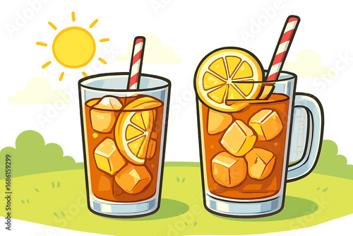 Refreshing iced tea in clear glasses with ice cubes, lemon slices, and striped straws on a sunny afternoon - Vector cartoon illustration with transparent background