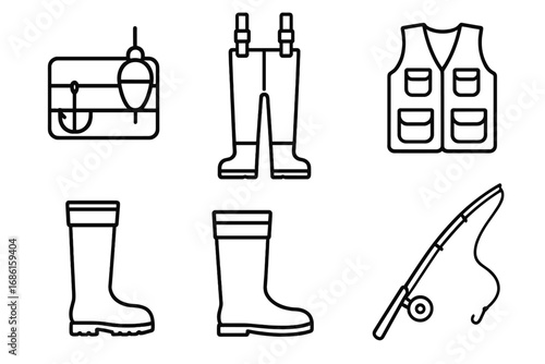Fishing gear line icon set. Angler and fisherman equipment with tackle, waders, vest, boots, rod, hook. Outdoor sport, hobby, and recreation vector symbol collection.