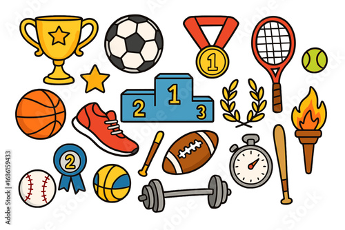Colorful vector illustration of sports equipment, athletic awards, and competition icons including trophy, medals, balls, stopwatch, and torch for athletic achievement concept