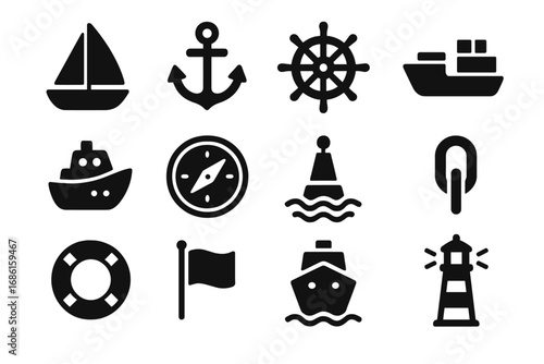 Nautical and maritime solid icon set with boats, navigation, shipping symbols, anchor, compass, buoy, lifebuoy, flag, lighthouse, and ship wheel vector illustration on transparent background