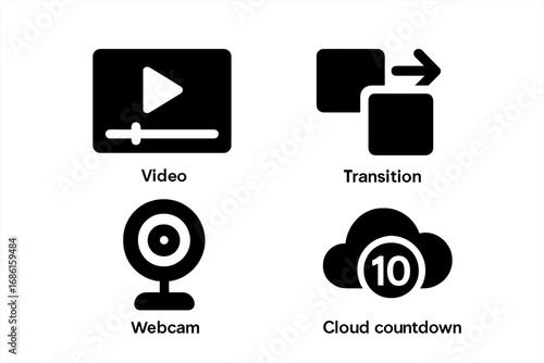 Streaming Solid Icon Set with Video Playback, Smooth Transition, Webcam Capture, and Cloud Countdown Timer Visuals, Vector Cartoon Illustration with Transparent Background, Organized Collection