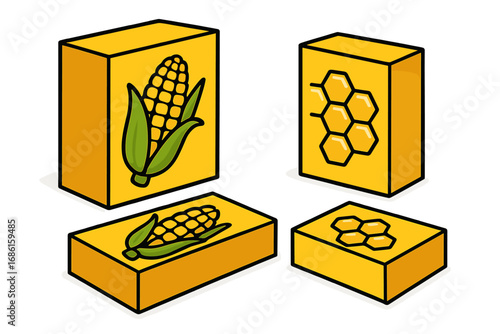 Bright yellow packaging design featuring corn cobs and honeycomb patterns, creative vector cartoon illustration with bold outlines and modern vibrant style