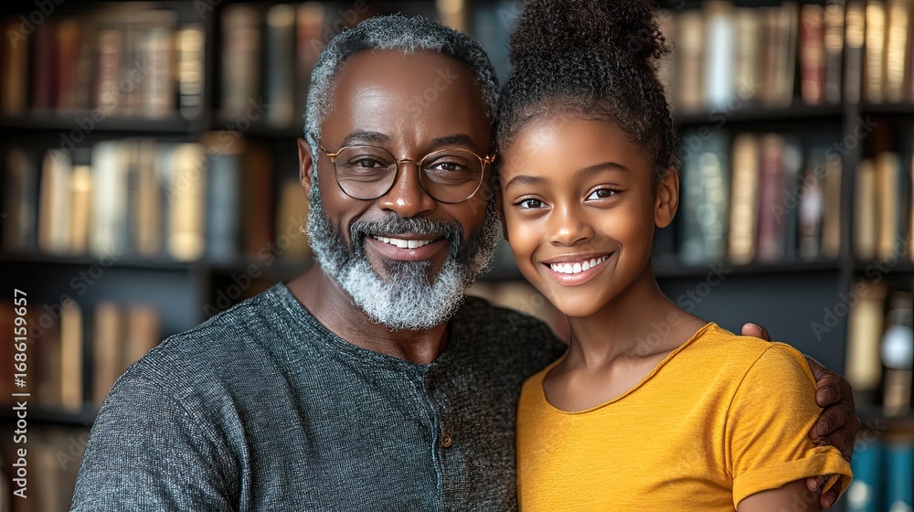 Fototapeta premium A heart-warming portrait of a happy grandfather and granddaughter together indoors in front of a