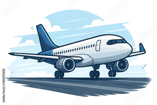Sleek modern aircraft in motion on runway, commercial airplane illustration with detailed design, aviation technology, flight travel concept, vector cartoon transparent background