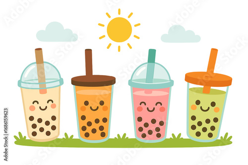 Cute bubble tea characters vector set. Kawaii boba milk tea drinks with smiling faces. Fun cartoon illustration for summer. Asian beverage with tapioca pearls mascot design.