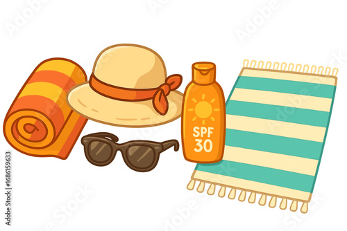 Summer Vacation Essentials for Sunbathing at the Beach with Towels, Hats, Sunglasses, and SPF 30 Sunscreen Bottle, Vector Cartoon Illustration on Transparent Background