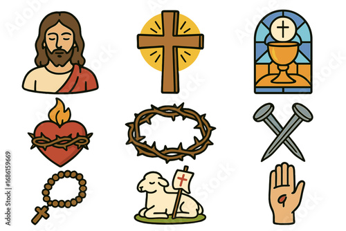 Symbols of Christian Faith and Sacrifice, Religious Icons Including Jesus, Cross, Sacred Heart, Chalice, Crown of Thorns, Nails, Rosary, Lamb of God, and Stigmata, Vector Illustration