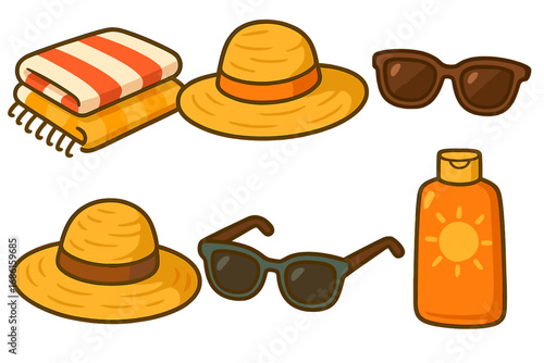 Summer vacation essentials for sunbathing at the beach with colorful towels, wide-brimmed hats, stylish sunglasses, and protective sunscreen vector cartoon illustration transparent background