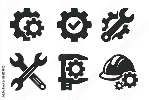 Mechanical engineering icon set. Gear, cogwheel, wrench, caliper, hard hat symbols. Flat vector illustration for industry, settings, repair, construction, and manufacturing.