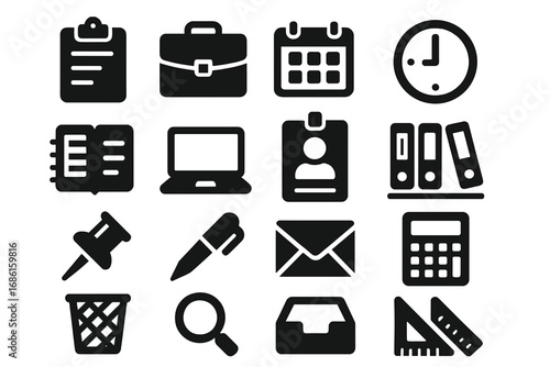 Office and school solid icon set for productivity and organization, vector cartoon illustration with transparent background, ordered set of professional business and education symbols
