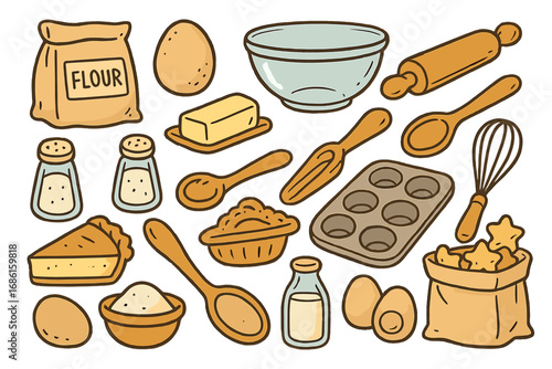 Vector set of cute hand-drawn baking doodles. Cartoon kitchen ingredients and utensils for cooking pastry. Isolated clipart collection with flour, egg, butter, pie for bakery.