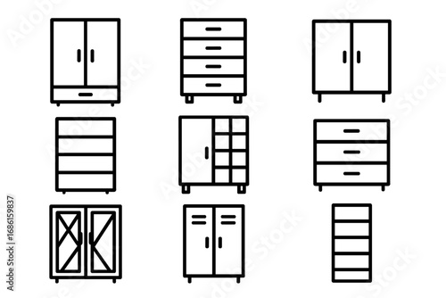 Furniture storage line icon set. Vector illustration of cabinets, shelves, lockers, and dressers. Outline style symbol collection for interior design and home organization.