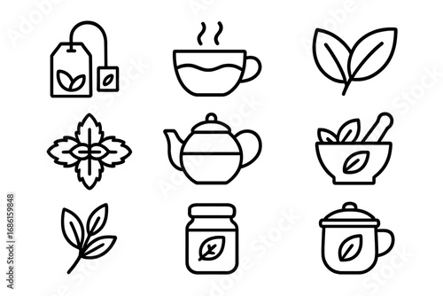 Tea and Herb Outline Icon Set, Simple Natural Wellness Symbols, Herbal Tea Brewing, Leaf and Teapot Vector Cartoon Illustration, Transparent Background, Ordered Set 2