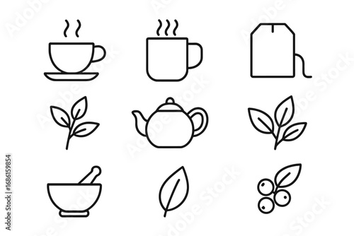 Tea and Herb Outline Icon Set, Simple Natural Wellness Symbols, Tea Brewing Elements, Leaf Illustrations, Teapot, Mortar and Pestle, Herbal Tea Icons, Transparent Vector Cartoons