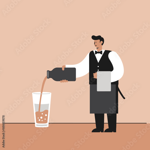 A waiter is pouring a drink into a glass, showcasing a beverage service.
