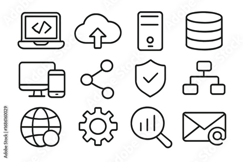 Technology and data management outline icon set, digital network and computer symbols collection, vector cartoon illustration with transparent background, ordered icons set 4