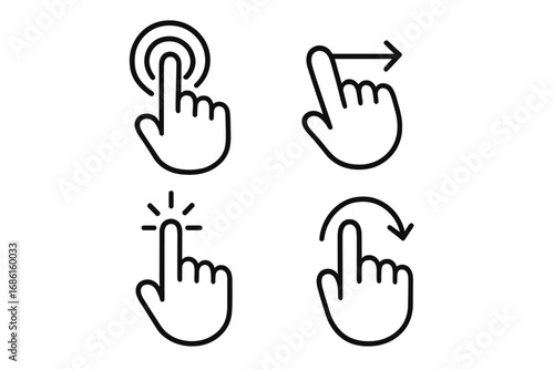 Hand gesture linear icon set. Touch screen finger actions pack for UI UX design. Includes tap, click, swipe, drag, and rotate gestures. Vector outline symbols for mobile app.