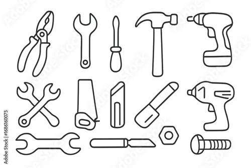 Tool and hardware line icon set with pliers, wrenches, screwdriver, hammer, saw, cutter, and power drills - vector cartoon illustration collection with transparent background